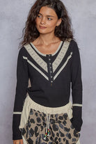 POL Black Ribbed Half Button Lace Detail Knit Top