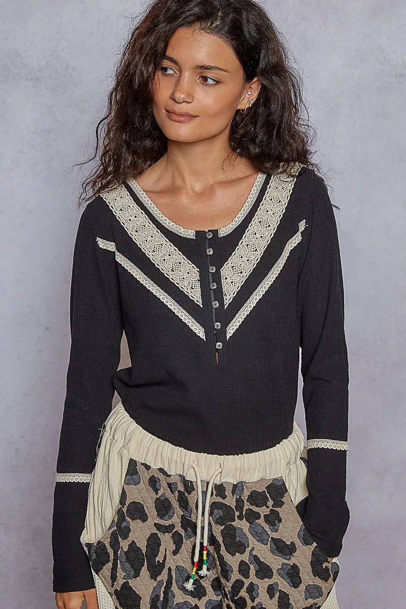 POL Black Ribbed Half Button Lace Detail Knit Top