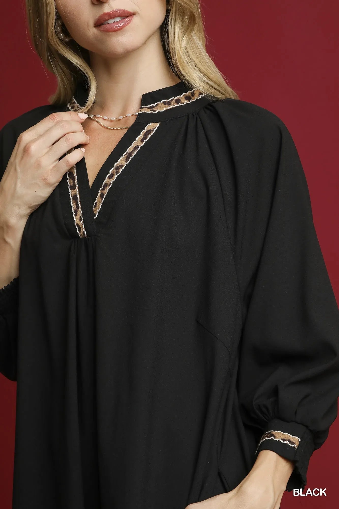 Umgee Black V-Neck Shift Dress with Sheer Leopard Trim