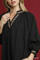 Umgee Black V-Neck Shift Dress with Sheer Leopard Trim