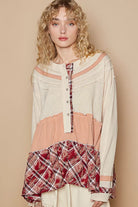 POL Coconut Multi Round Neck Half Button Color Block Top with Merrow Edge Detail COCONUT MULTI