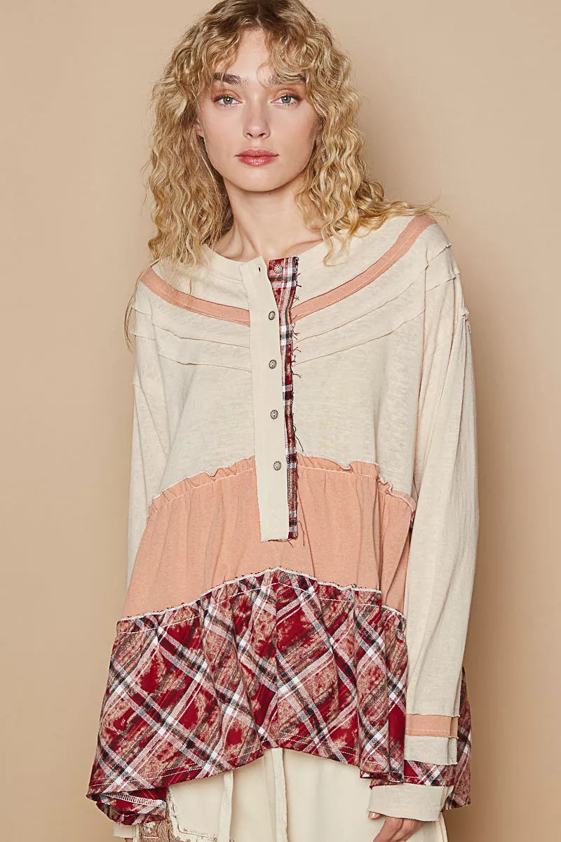 POL Coconut Multi Round Neck Half Button Color Block Top with Merrow Edge Detail COCONUT MULTI