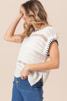 BiBi Ivory Stitch Edge Pointelle Side Slit Sweater Vest Trendsi