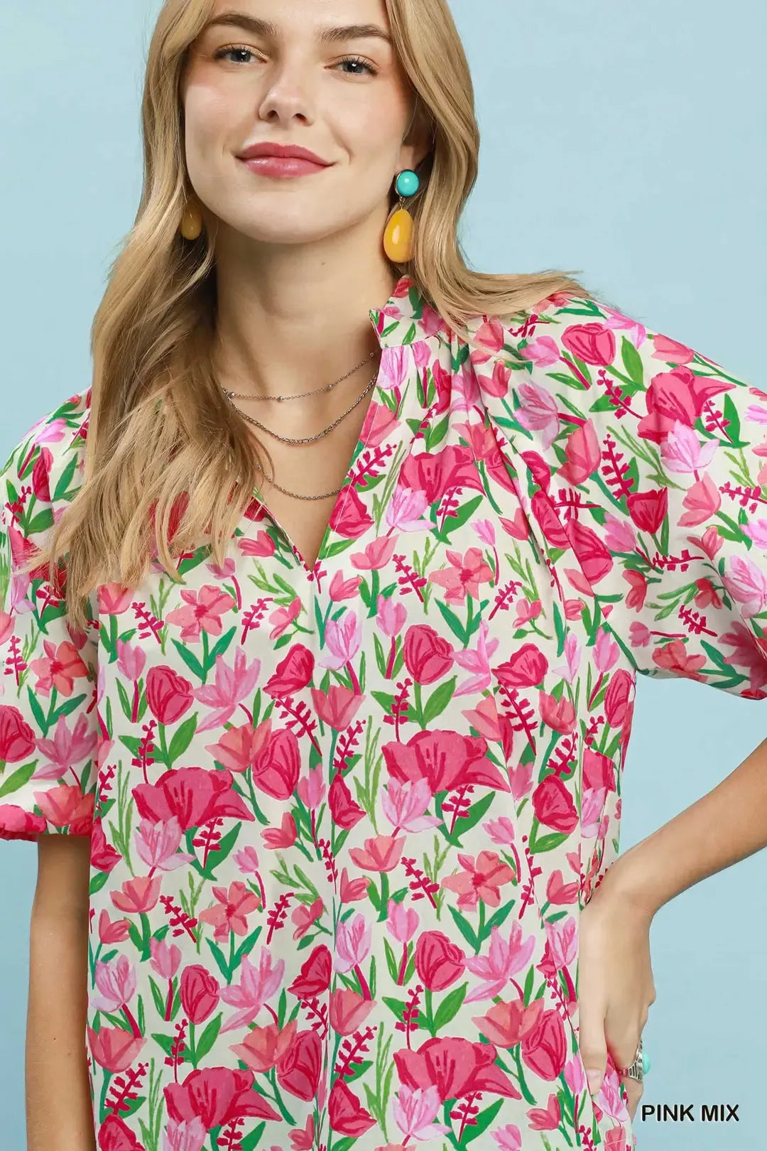 Umgee Pink Mix Floral Puff Sleeve Blouse with Scalloped Details