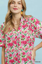 Umgee Pink Mix Floral Puff Sleeve Blouse with Scalloped Details
