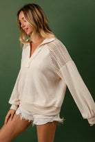 BiBi French Terry Lace Shoulder Top in Cream Trendsi