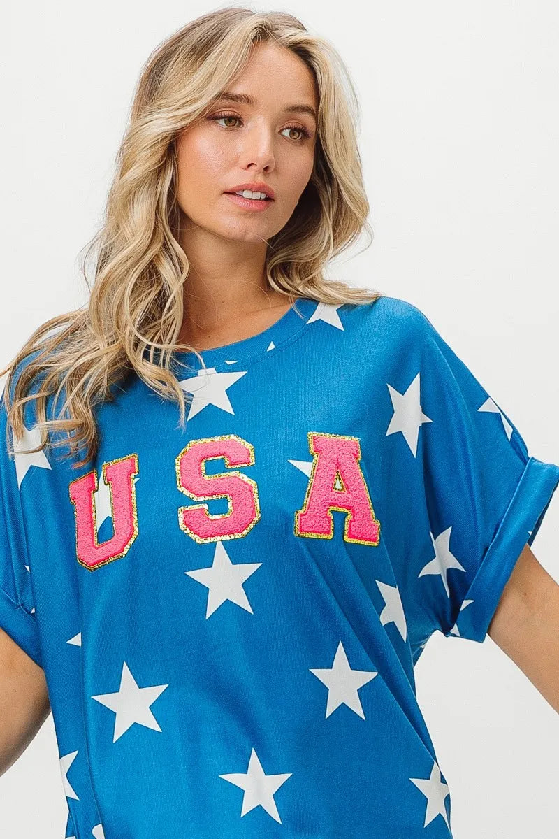 BiBi USA Fourth Of July Star Knit Blue Top