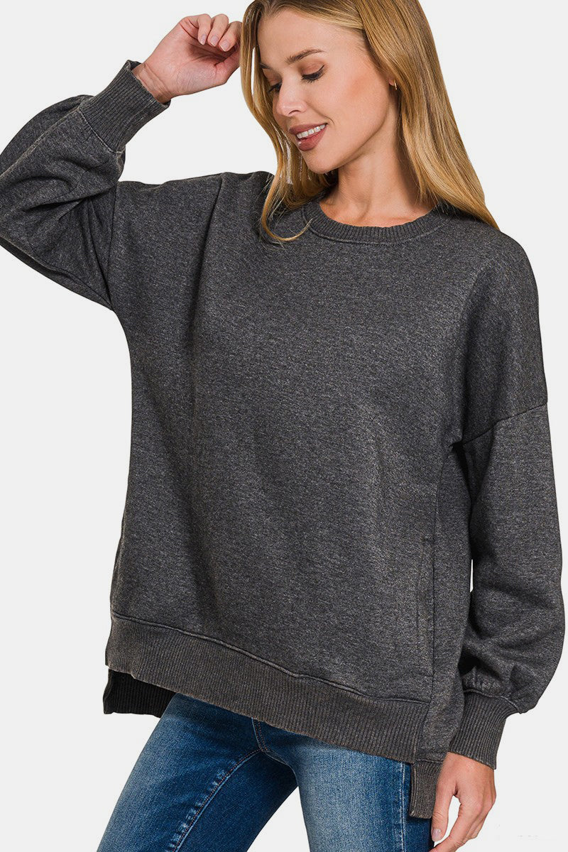 Zenana Black High-Low Acid Wash Fleece Sweatshirt Shirts & Tops