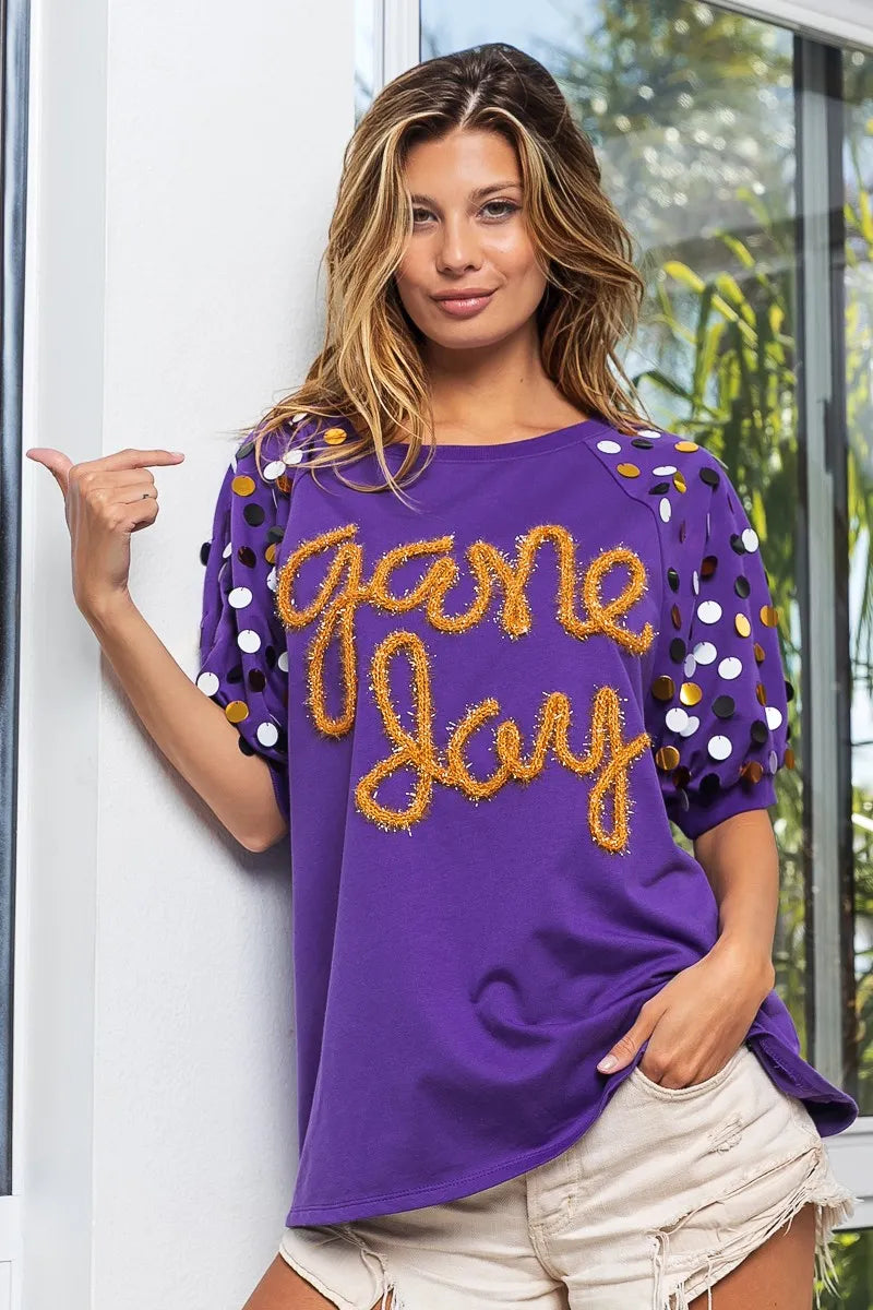BiBi Purple & Gold Game Day Metallic Letter Spangle Sleeve Top