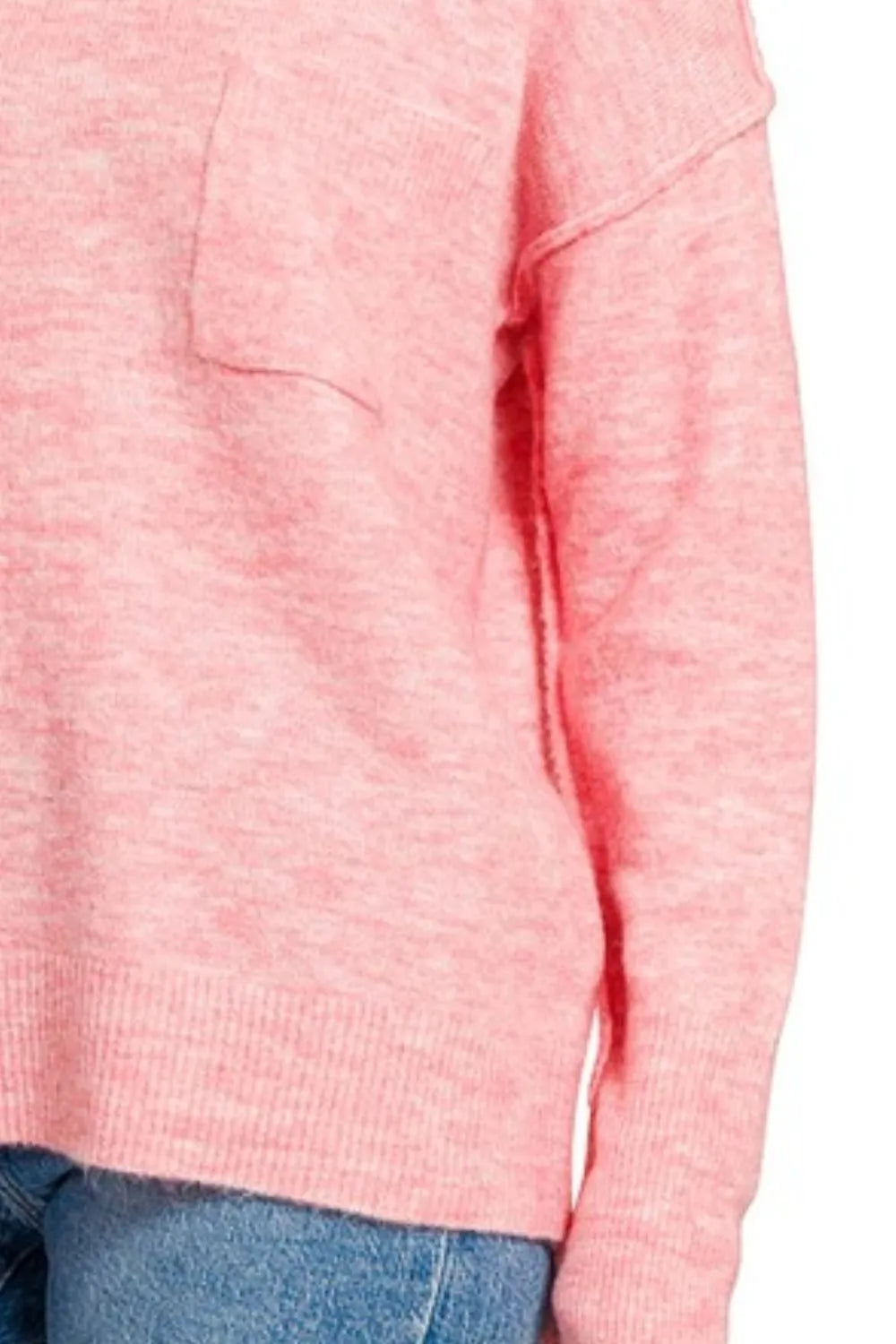 Zenana Heather Dark Pink Melange Hi-low Hem Round Neck Sweater with Front Pocket