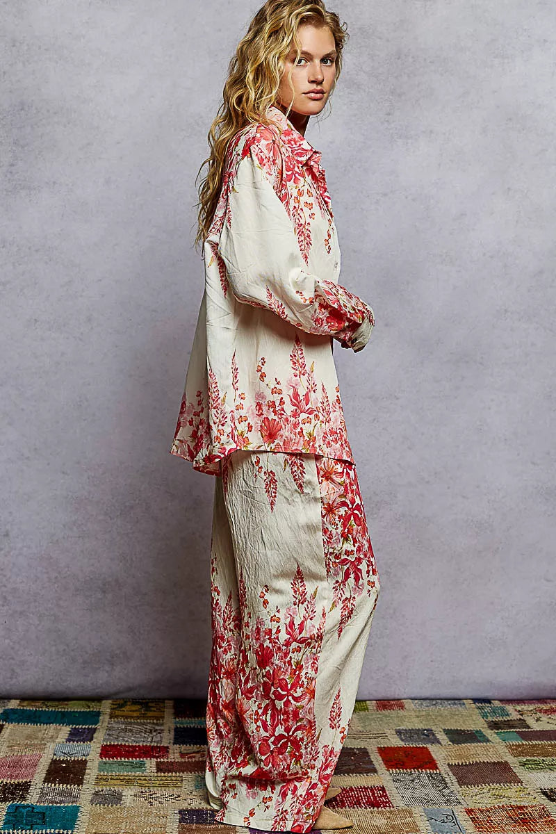 POL Ivory & Pink Floral Printed Woven Wide Leg Drawstring Pants