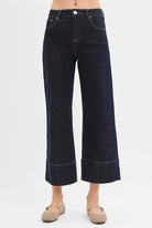 RISEN Tummy Control High Rise Crop Wide Seam Detailed Jeans SOLID DARK