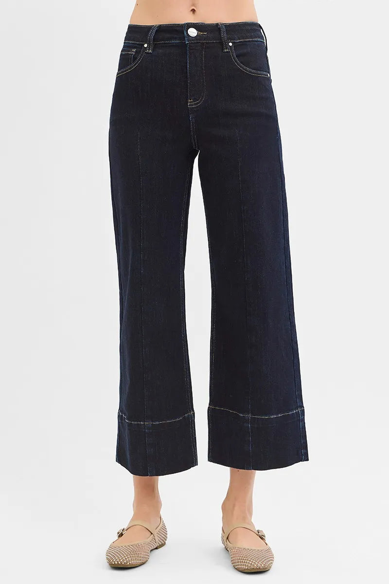 RISEN Tummy Control High Rise Crop Wide Seam Detailed Jeans SOLID DARK