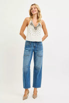 RISEN 4 Way Stretch Mid Rise Barrel Jeans with Patch Pocket Detail