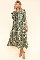 Haptics Black & Green Ruffled Notch Neck Babydoll Smocked Midi Dress