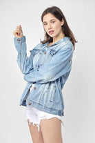 RISEN Light Wash Distressed Long Sleeve Denim Jacket