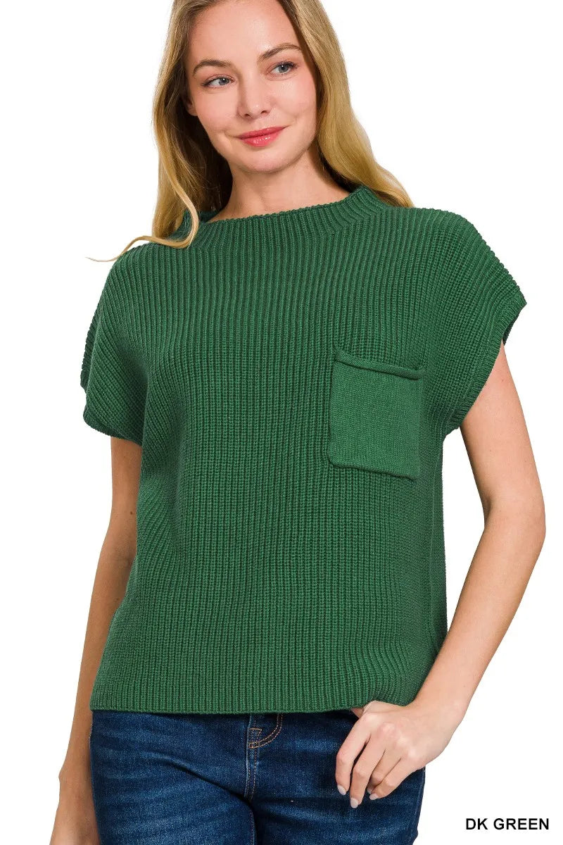 Zenana Dark Green Mock Neck Short Sleeve Sweater