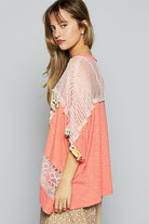 POL Coral Round Neck Floral Pattern Rib Knit Top