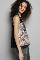 POL Black Printed Woven Lace Back Round Neck Sleeveless Top