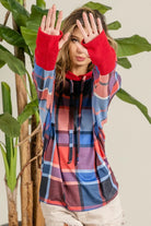 BiBi Red & Blue Plaid Brushed Rib Contrast Thumb Open Hoodie RED BLUE