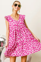 BiBi Pink Leopard Cap Sleeve Tiered Mini Dress Pink Fuchsia Trendsi