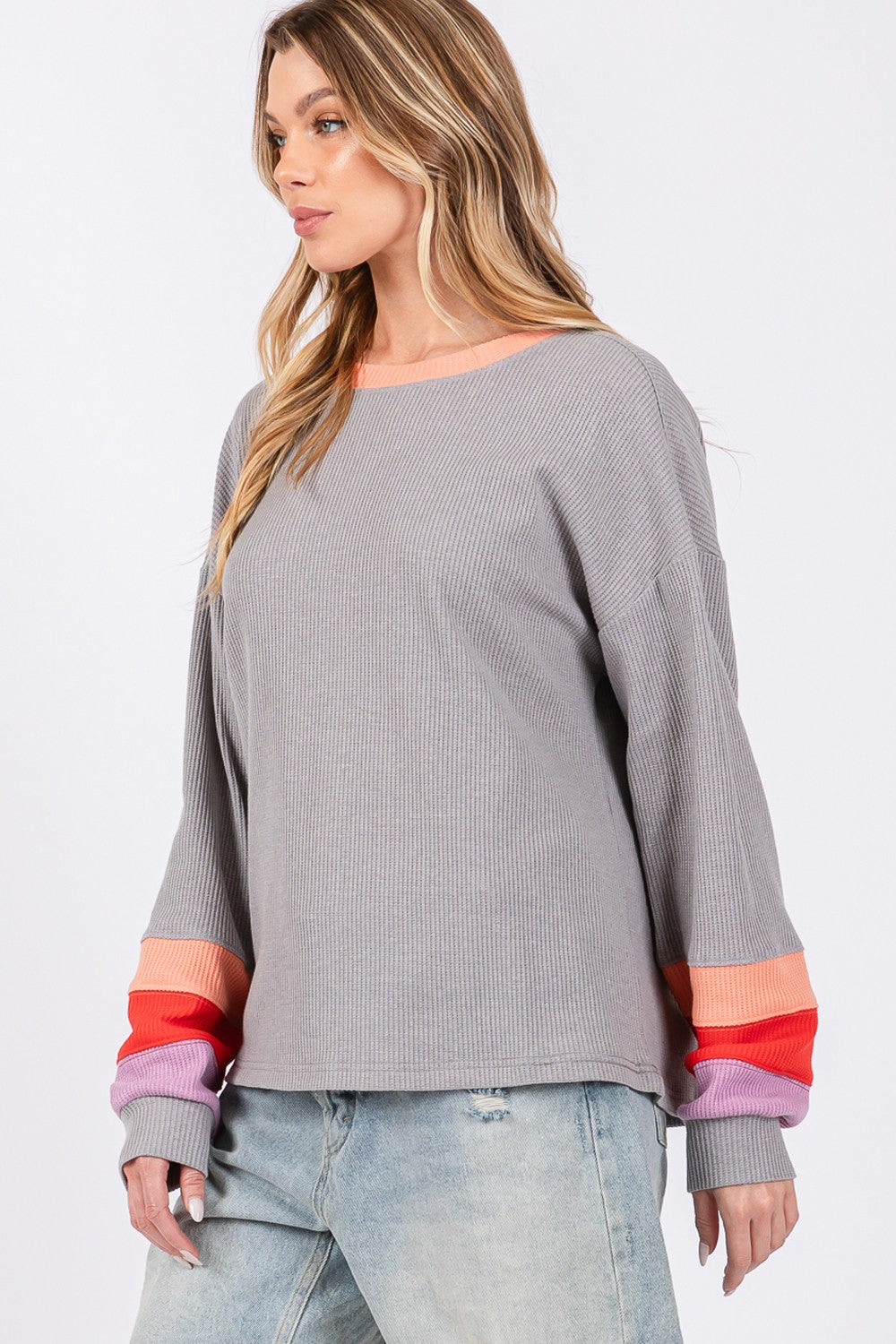 SAGE + FIG Grey Color Block Waffle Knit T-Shirt Trendsi