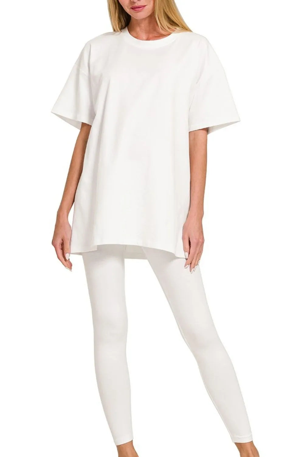 Zenana White Cotton Round Neck Top & Legging Set WHITE
