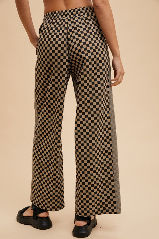 Annie Wear Drawstring Camel Checkered Wide Leg Pants