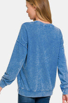 Zenana Blue Washed Round Neck Dropped Shoulder French Terry Sweatshirt