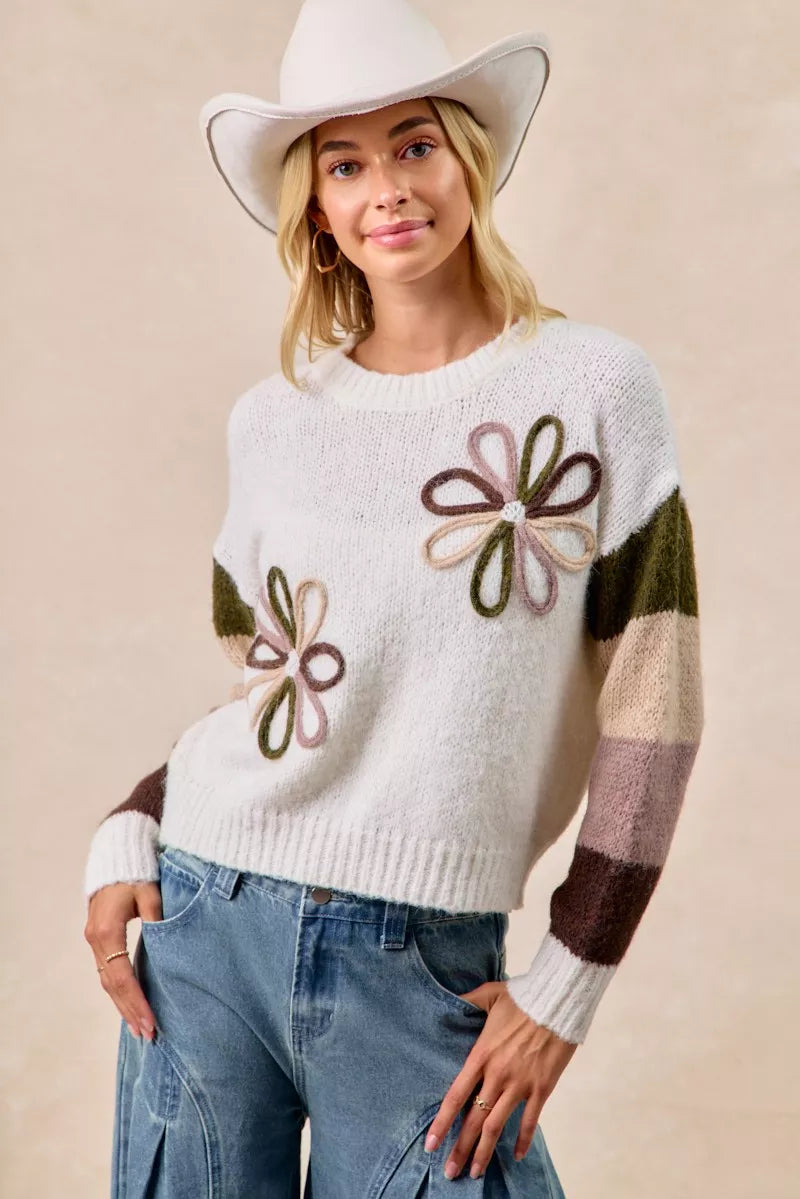 BiBi Ivory & Mocha Flower Color Block Sweater