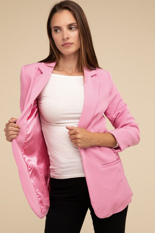 Zenana Woven Long Sleeve Open Front Classic Blazer CANDY PINK ZENANA