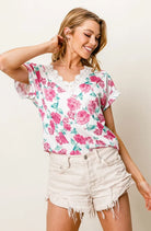 BiBi Fuchsia Rose Printed Poly Span with Crochet Lace Top