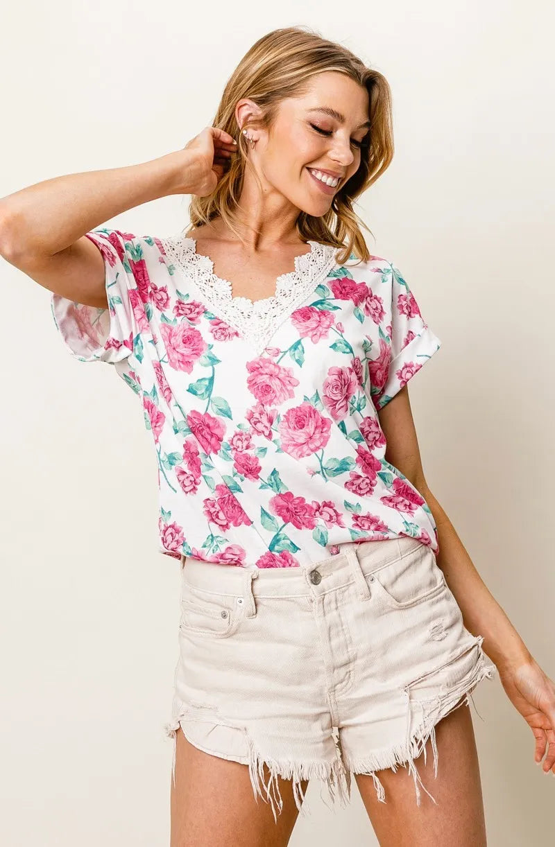 BiBi Fuchsia Rose Printed Poly Span with Crochet Lace Top