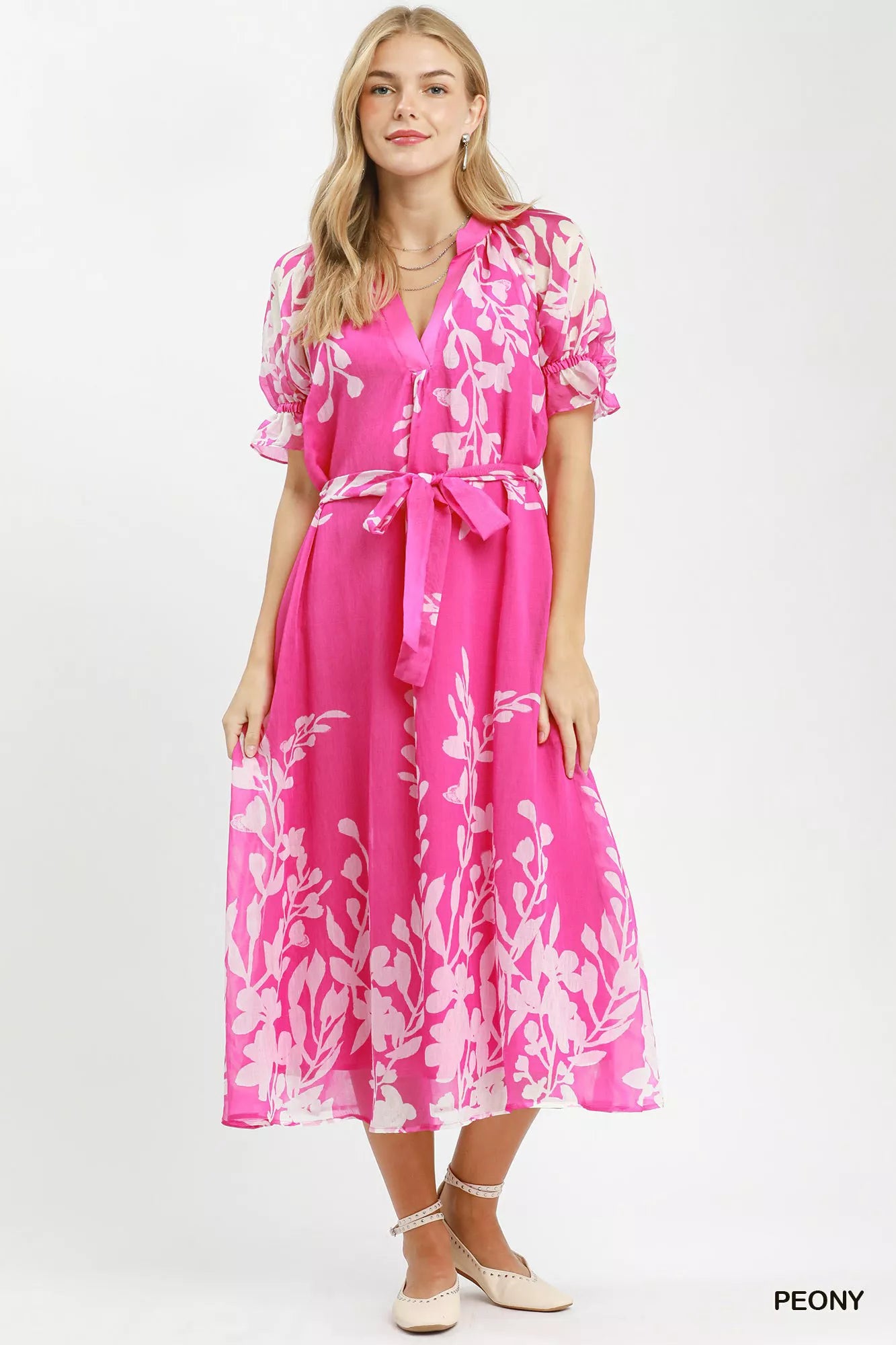 Umgee Peony Print Floral Print Tie Waist Midi Dress with Side Pockets