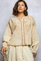 POL Almond Embroidery Button Down Long Sleeve Bohemian Washed Shirt