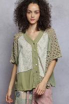 POL Button Down V-Neck Jacket with Printed Woven Patchwork OLIVE MULTI