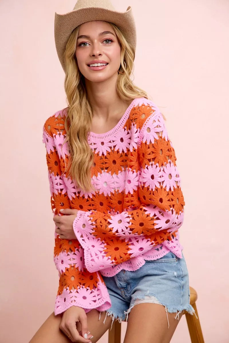 BiBi Pink Flower Crochet Knit Top