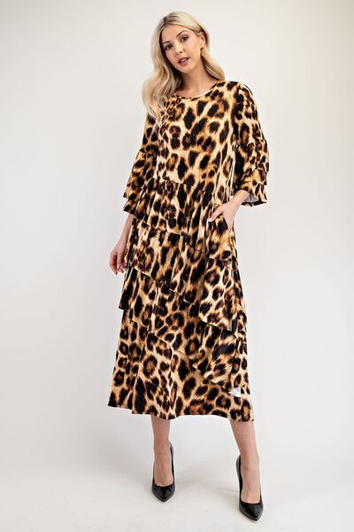 Celeste Leopard Asymmetrical Ruffle Midi Dress