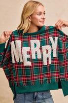 BiBi Merry Letter Patches Christmas Plaid Sweatshirt