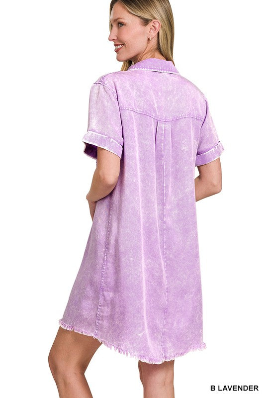 Zenana Classic Blue Tencel Mineral Washed Collared Shirt Dress