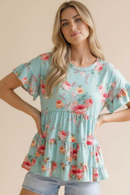 Haptics Frill Hem Babydoll Swing Floral Knit Top – Mint