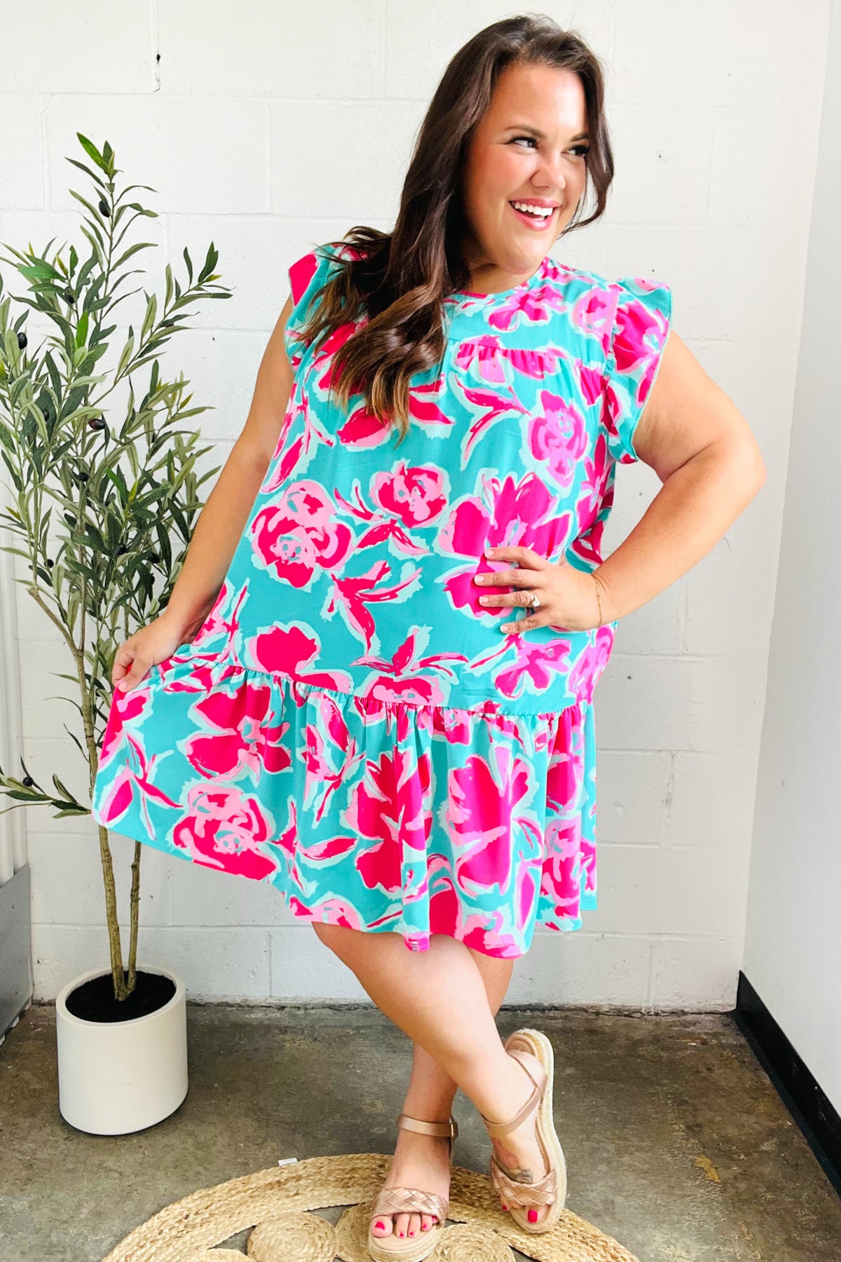 Haptics Diva Dreaming Aqua & Fuchsia Floral Print Tiered Ruffle Sleeve Dress Final Sale Haptics