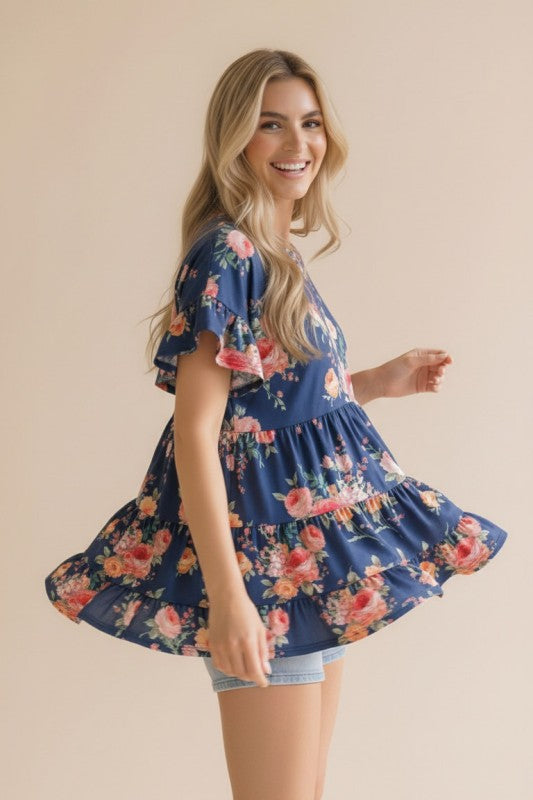 Haptics Frill Hem Babydoll Swing Floral Knit Top