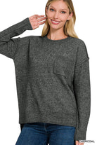 Zenana 9 Colors Melange Hi-Low Hem Round Neck Chest Pocket Sweater CHARCOAL Shirts & Tops