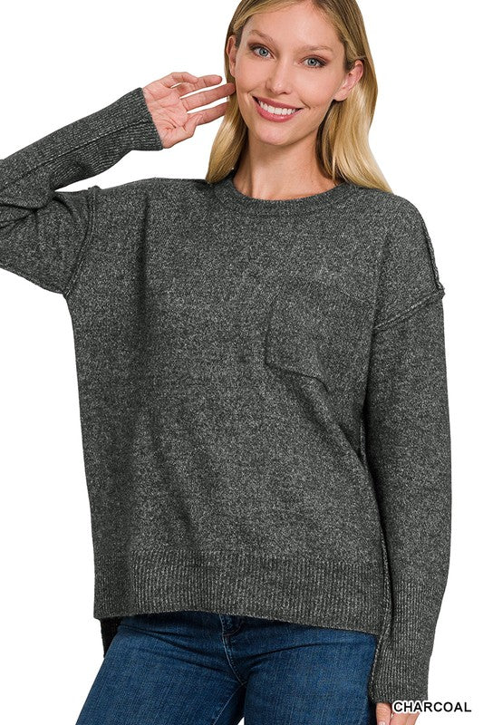 Zenana 9 Colors Melange Hi-Low Hem Round Neck Chest Pocket Sweater CHARCOAL ZENANA