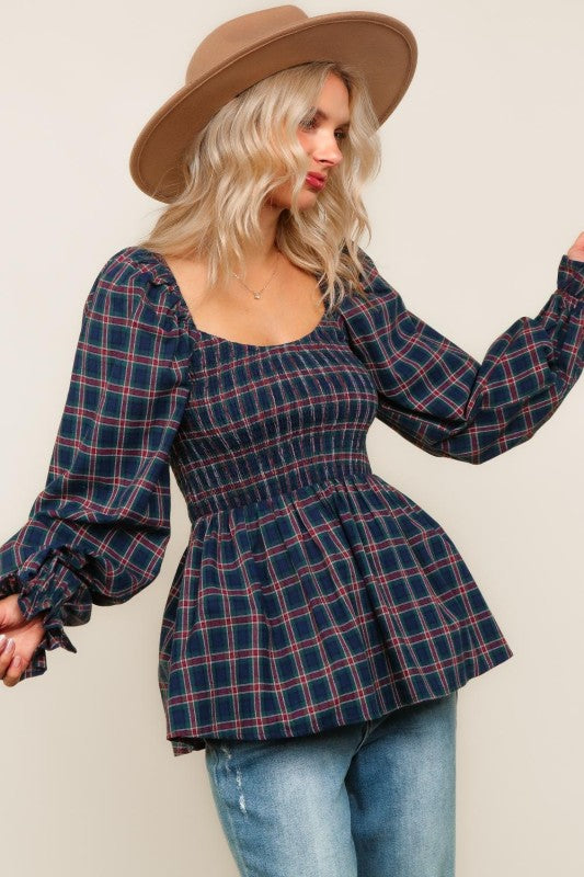 Haptics Navy & Hunter Green Smocking V-Neck Babydoll Plaid Woven Top