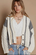 POL Cable-Knit Plaid V-Neck Button Up Cardigan in Natural Multi Shirts & Tops