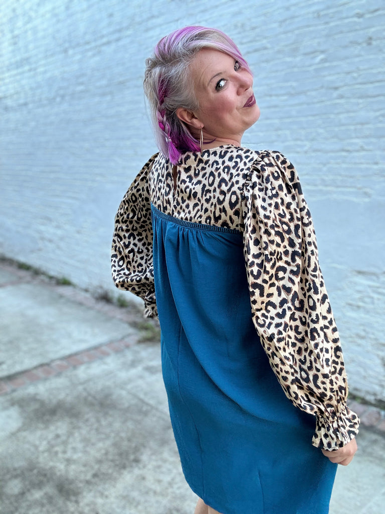 Jodifl The Greta Teal and Leopard Color Block Poet Sleeve Dress Ruby Idol Apparel