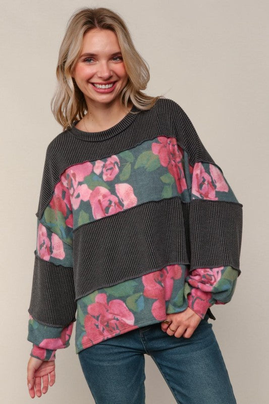 Haptics Floral & Charcoal Color Block Bubble Long Sleeve Knit Top