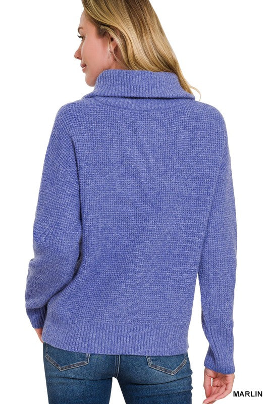 Zenana Navy Collared Half Zip Textured Long Sleeve Sweater Shirts & Tops